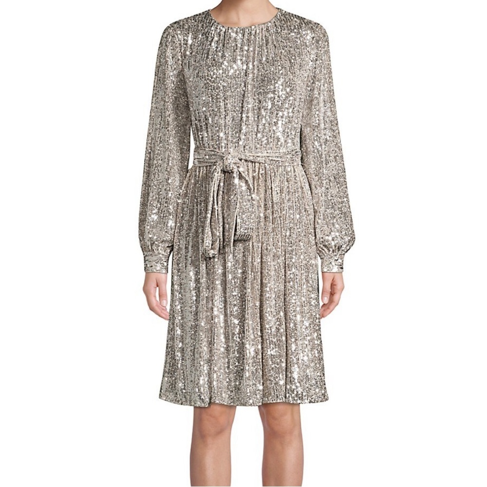 Sachin & Babi Chloe Sequin Belted Tie Waist Silver Shift Dress